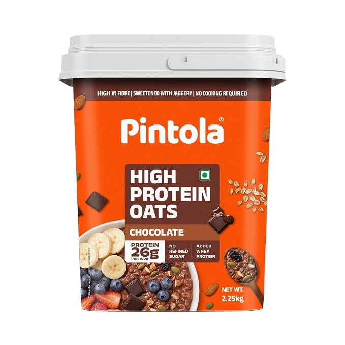 Pintola 26g High Protein Oats 2.25kg, Dark Chocolate, No Refined Sugar, with Almonds, Raisins, Pumpkin & Chia Seeds, 9.6g Fibre, Rolled Oats for Weight Loss, Breakfast Cereals